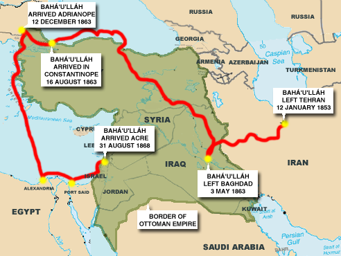 Map of Baha'u'llah's banishment from Iran to ultimately Acre in the Ottoman Empire.