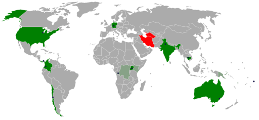 Map of locations of Bahá'í Houses of Worship in the world. Countries with an existing House of Worship Countries with a House of Worship planned or under construction Countries with a previously existing House of Worship (now destroyed) Where known, exact locations are marked with a black dot: •