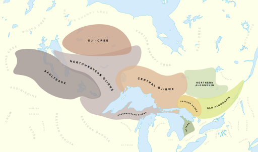 pre-contact Anishinaabe map from Information derived from R. E. Asher and Christopher Moseley's Atlas of the World's Languages, 2nd edition, 2007