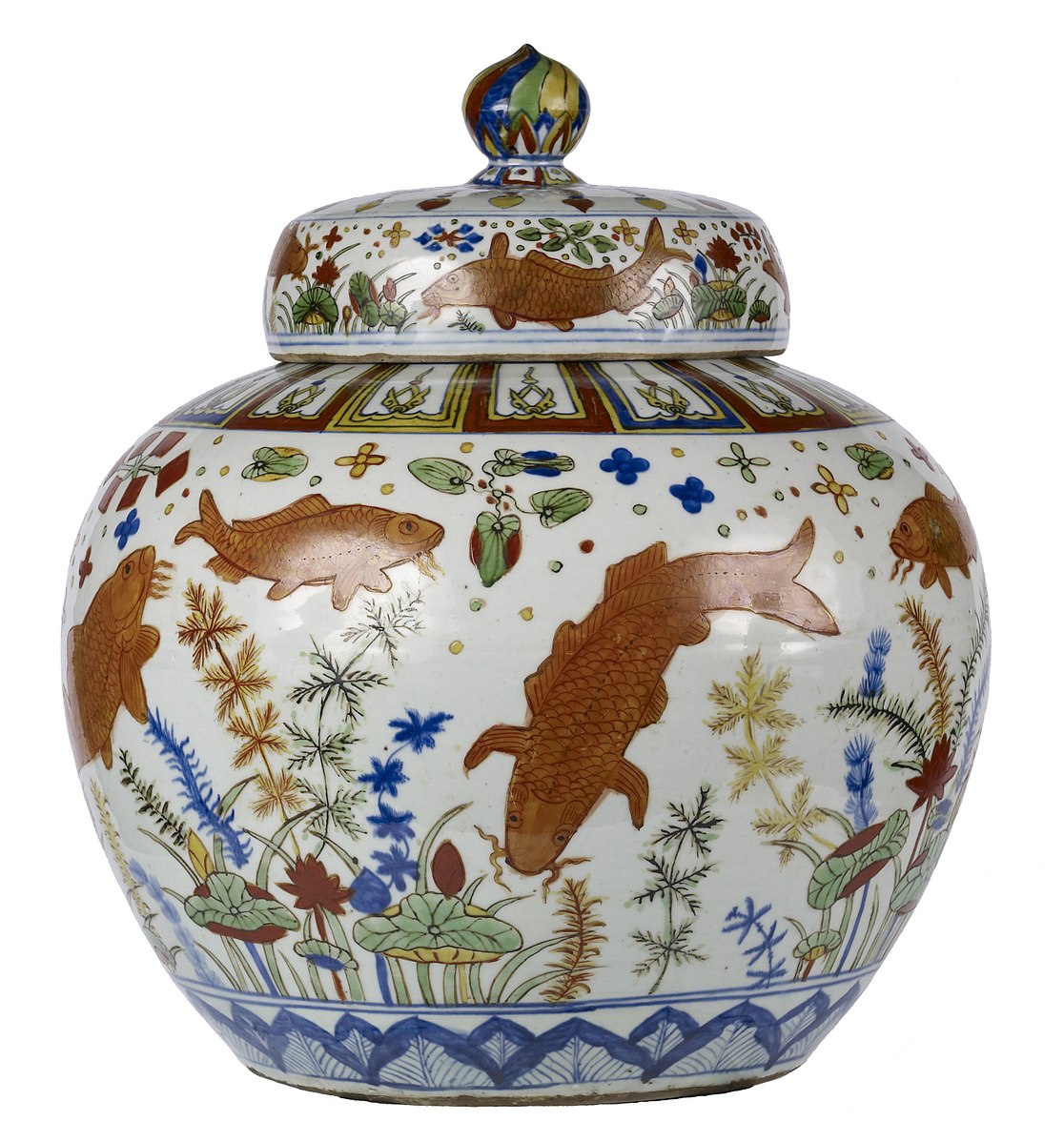Ming dynasty wine jar with carp among water weeds and lotus