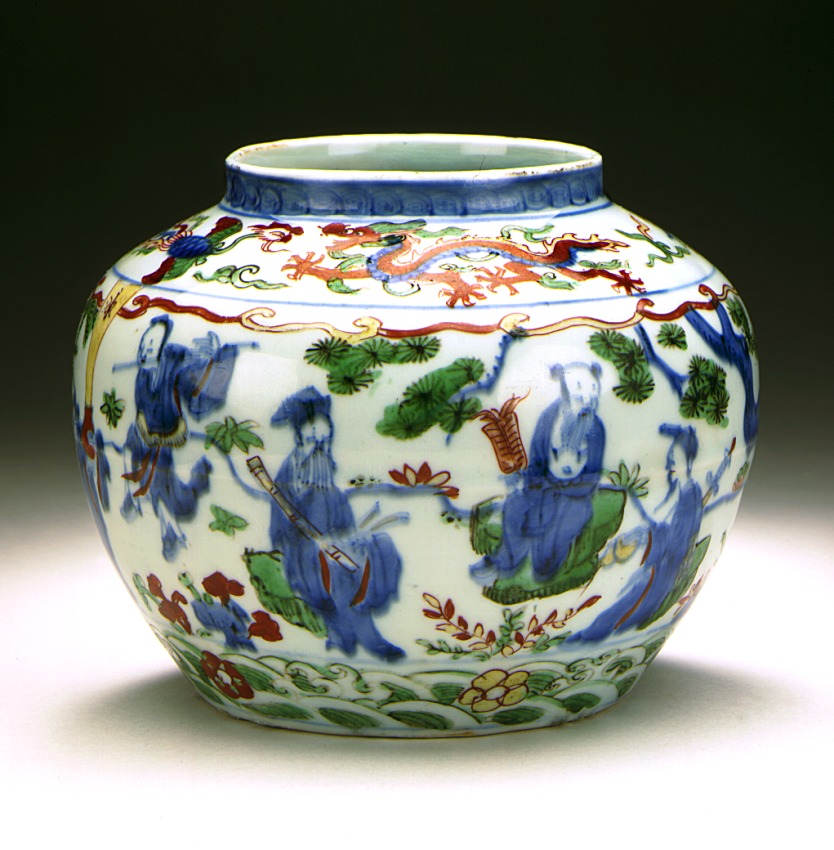 Jar painted with blue men, the Eight Immortals with dragons