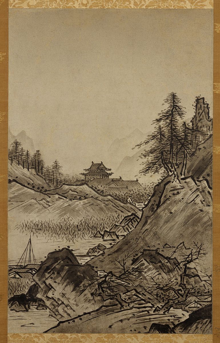 Black and white print of mountains, trees, sea and houses