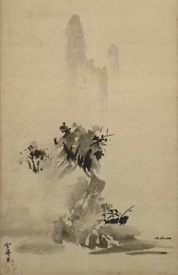 Very foggy scene of mountains and trees in black and ink