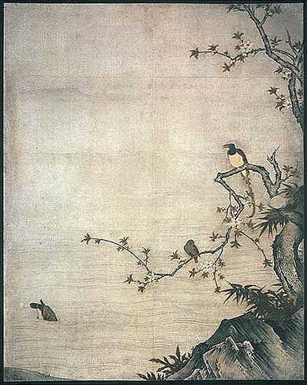 sea with rock outcrop and large branch with birds 