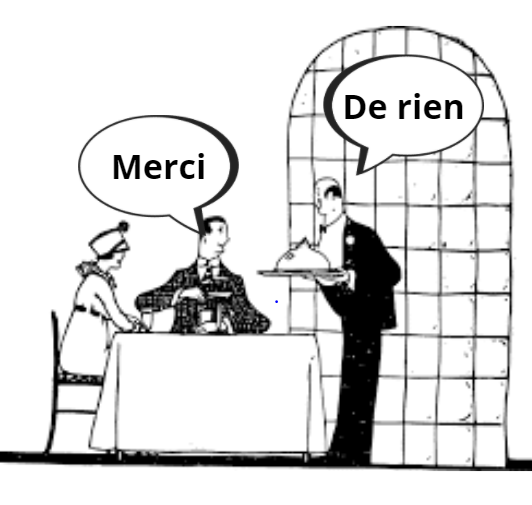 Waiter serving customers: diner says "Merci," waiter says "De rien"
