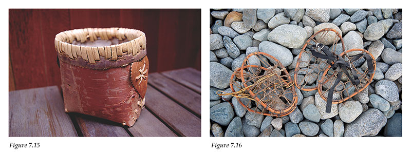 Birch bark basket and Lil'wat snowshoes for a child