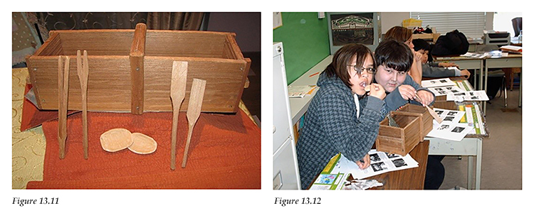 Miniature samgat'si (cooking box); students checking out the tools and miniature cooking box
