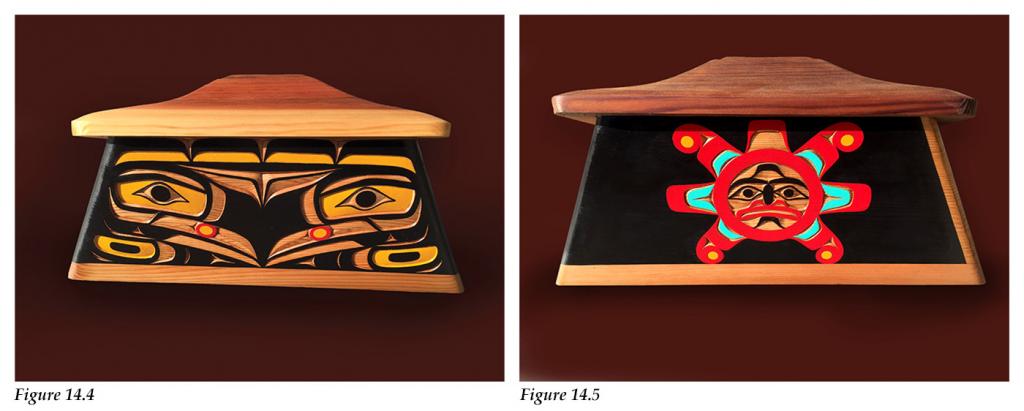 Bentwood boxes depicting Raven releasing Sun and darkness replaced by sunlight by 'Namgis master artist Bruce Alfred