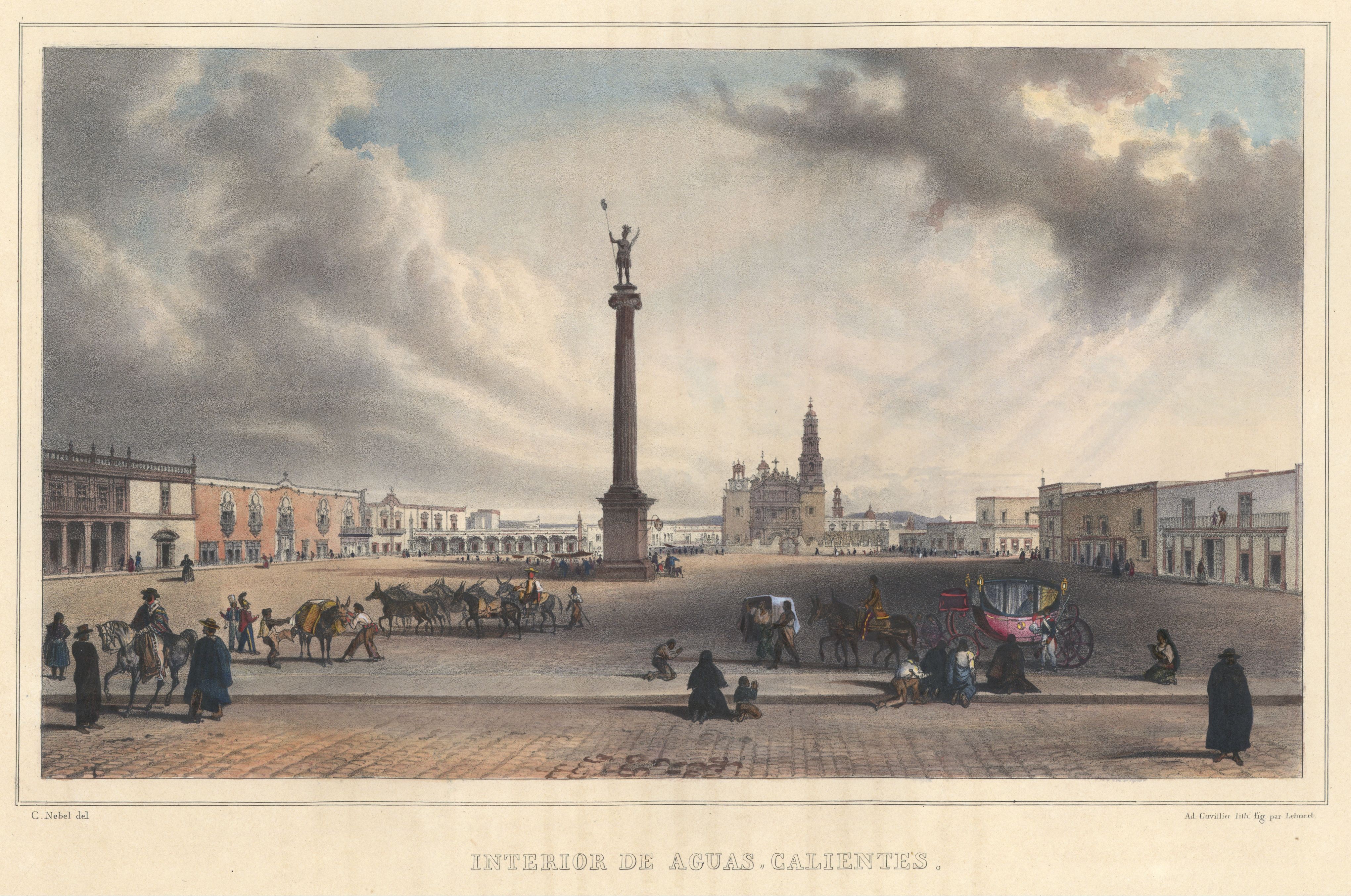 Plaza Principal, c. 1828. Una de las imágenes más conocidas de la ciudad de Aguascalientes, México en el siglo XIX. Litografía de Carl Nebel.