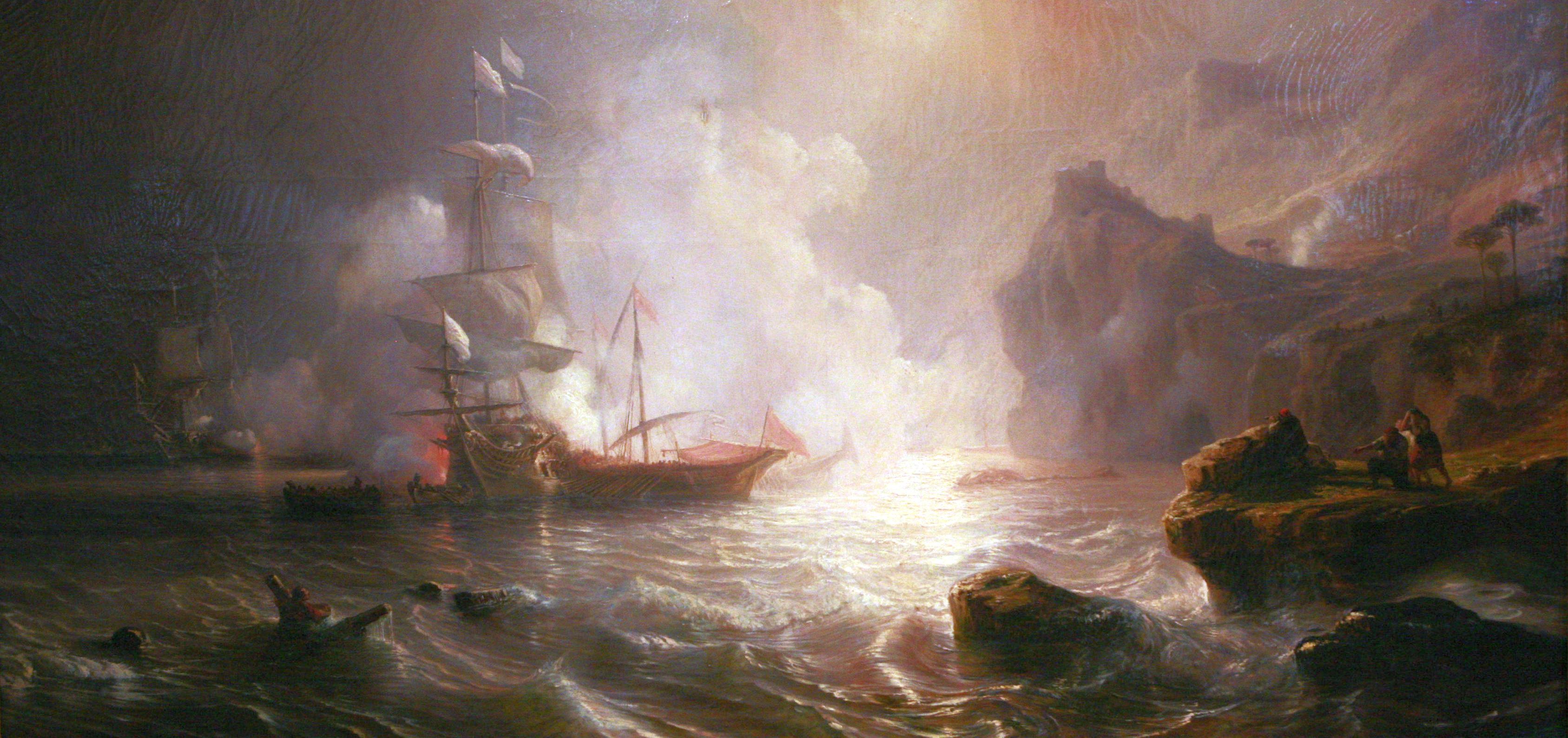 Batalla de un navío de línea francés y dos galeras de la costa berebere ( Théodore Gudin, 1858)