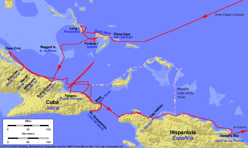 Mapa del primer viaje de Cristóbal Colón, 1492-1493. Topónimos modernos son en negro, los topónimos de Colón son en azul.