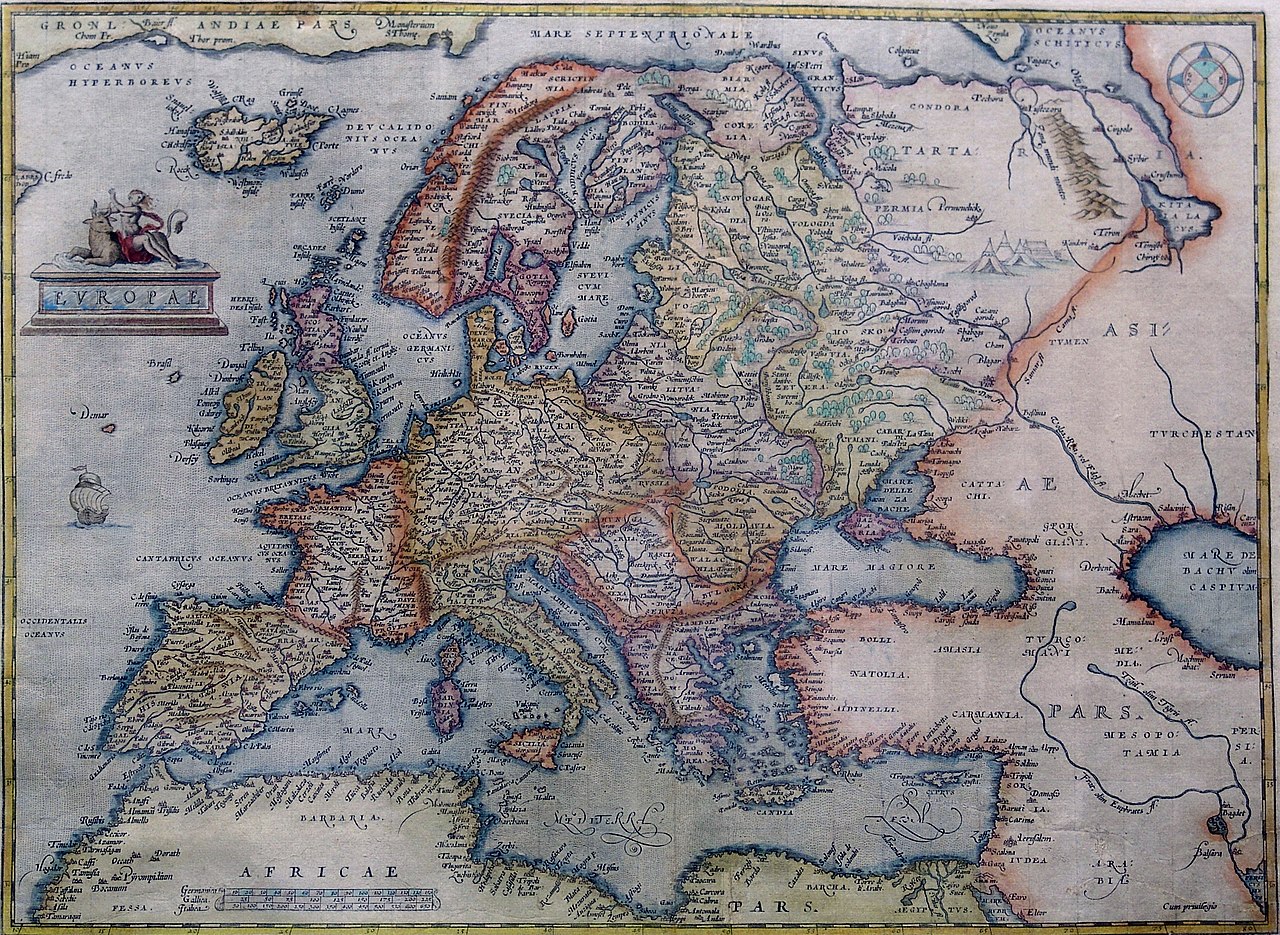 European map circa 1600 showing the mountains, rivers and cities according to European navigators