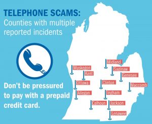 Map of Michigan showing places where there have been numerous phone scams reported