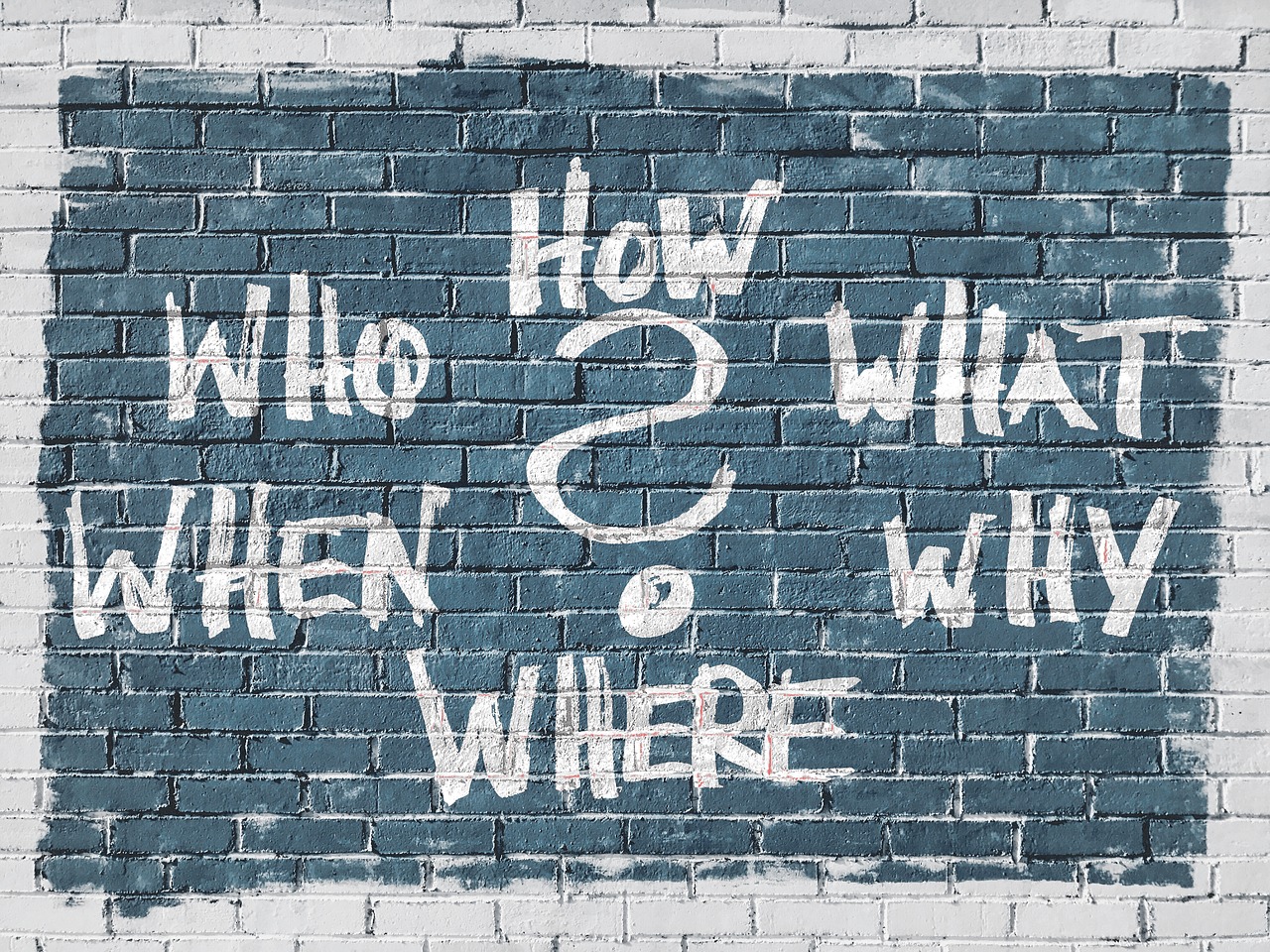 शब्द कौन, कैसे, क्या, क्यों, कहाँ, और कब केंद्र में एक प्रश्न चिह्न के साथ एक ईंट की दीवार पर चित्रित किया गया है।