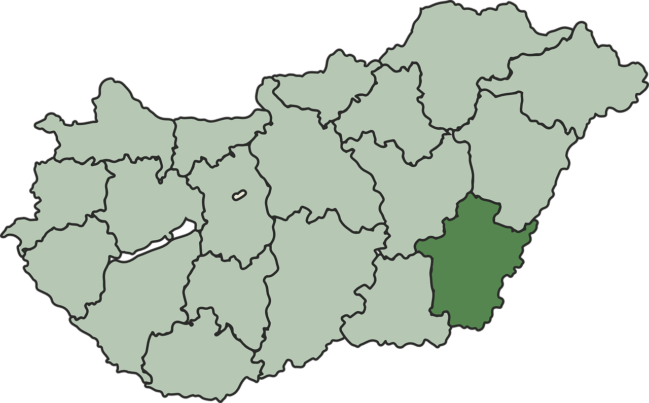 हंगरी के क्षेत्रों के नक्शे पर एक क्षेत्र को गहरे हरे रंग में हाइलाइट किया गया है।