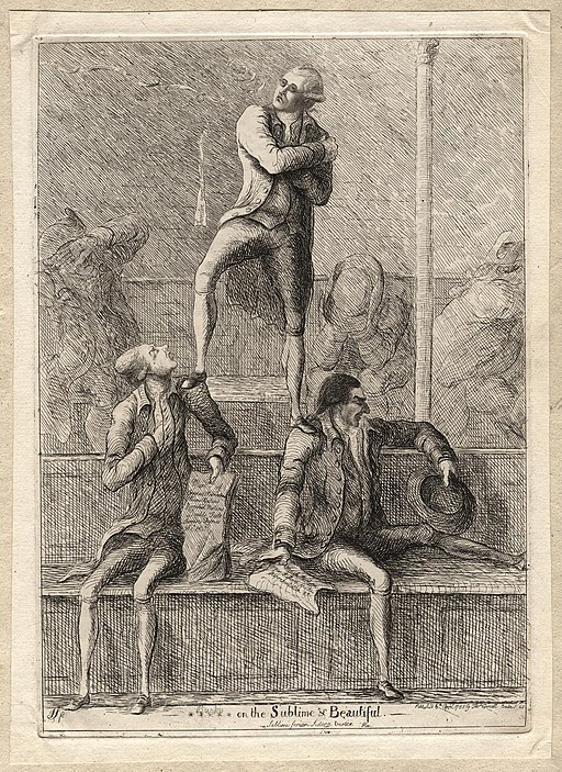Un aguafuerte de un hombre, presumiblemente Edmund Burke, de pie sobre los hombros de dos hombres que representan lo sublime y hermoso.
