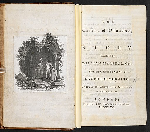 Frontispicio de la edición de 1765 de El castillo de Otranto de Horace Walpole