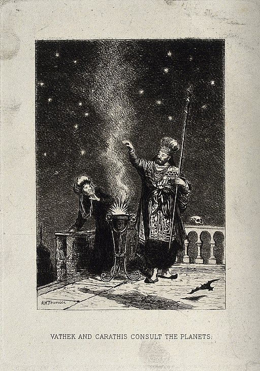 Vathek y su madre Caranto consultan a los planetas mientras el humo de un pequeño fuego se eleva hacia el cielo nocturno.