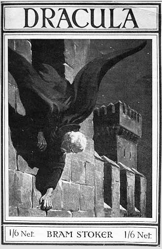 Dracula climbing down the wall of his castle, book cover 1916
