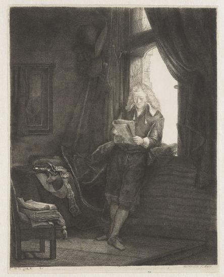 Drawing of a man reading as he is leaning against the wall