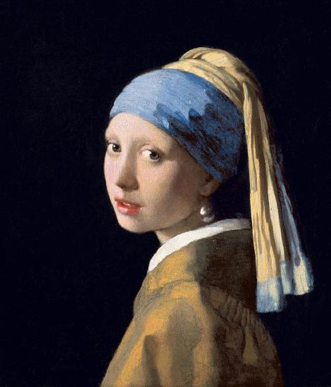 Portrait of a young girl with a blue turban and pearl earrings