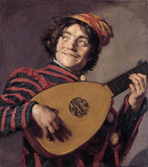 A jester entertaining playing a lute
