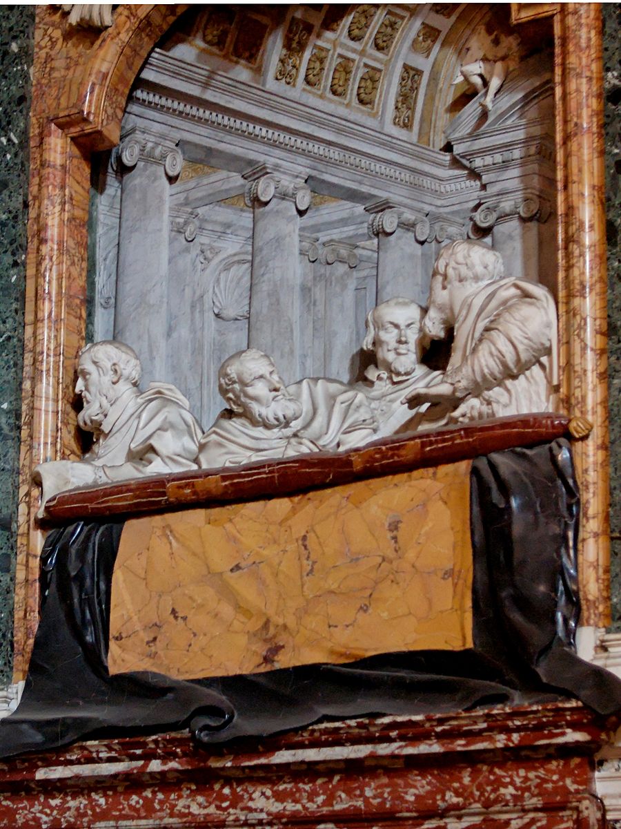 Scene of the Cardinals of the Venetian Cornaro Family carved in marble overlooking Saint Teresa