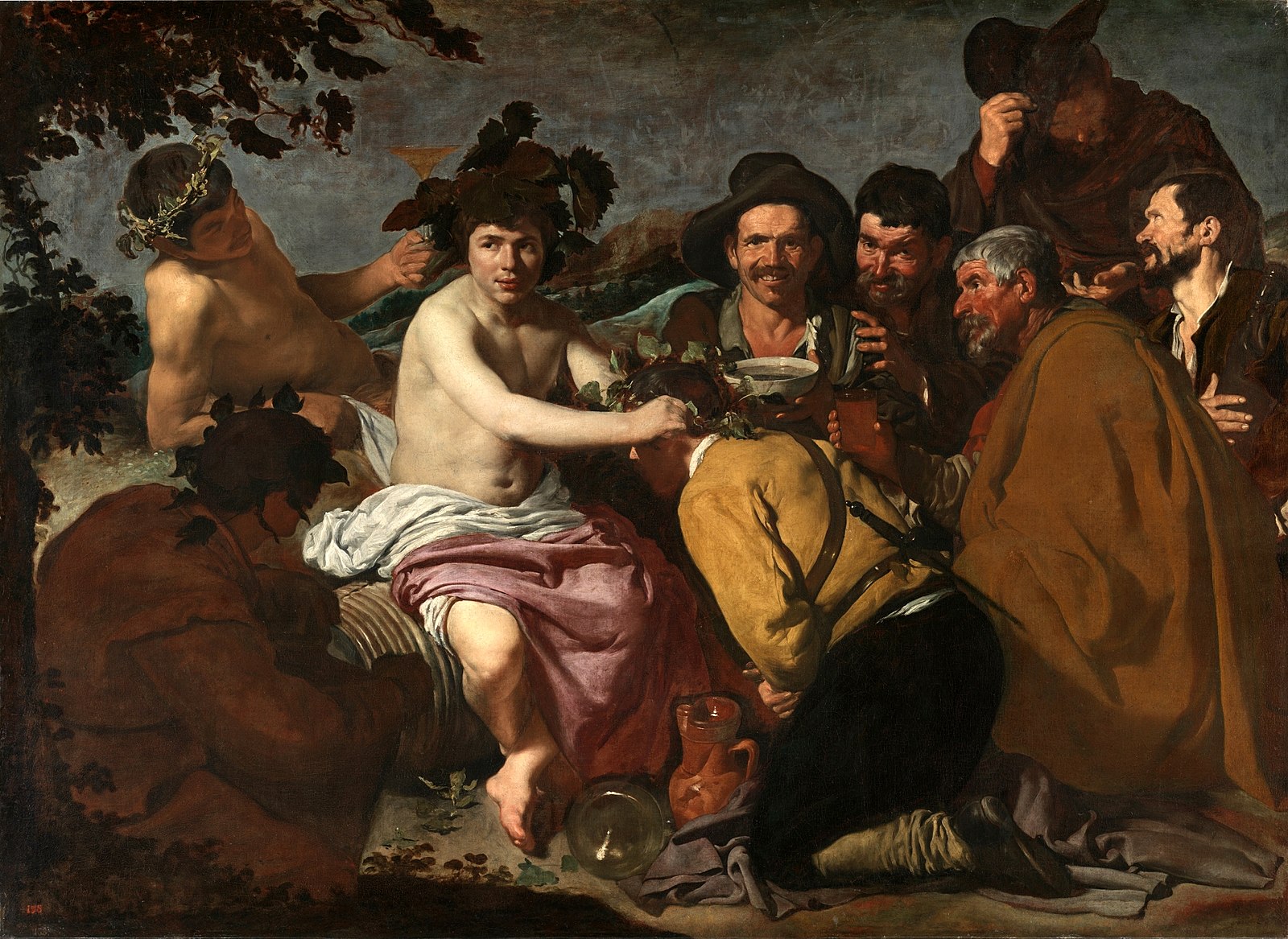 Painting of men gathered outside drinking wine
