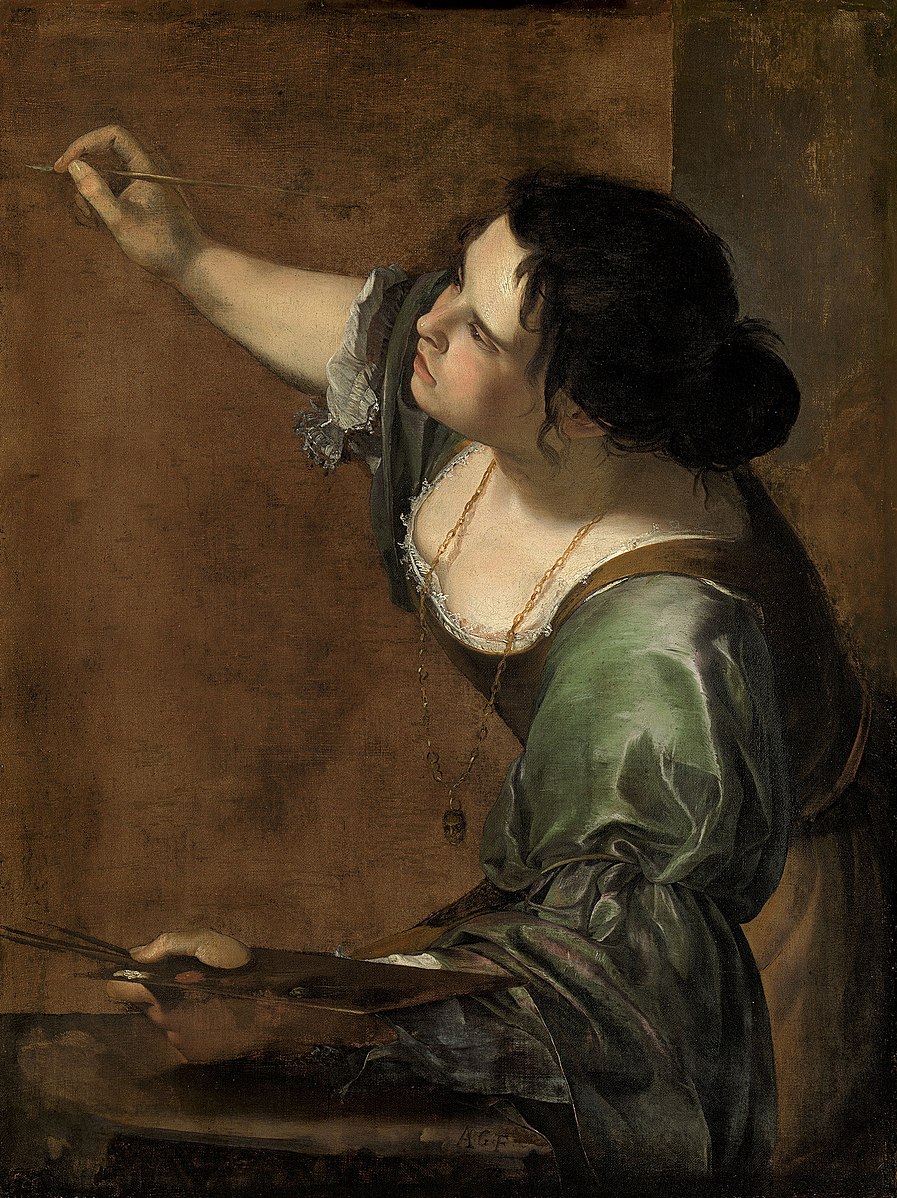 Self-portrait of the artist painting in a green dress