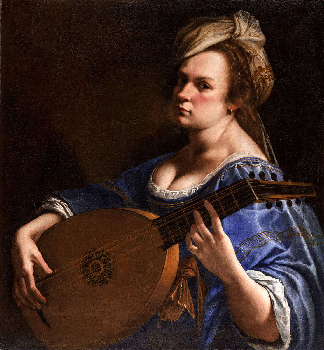 Self-portrait of the artist in a blue dress playing the lute