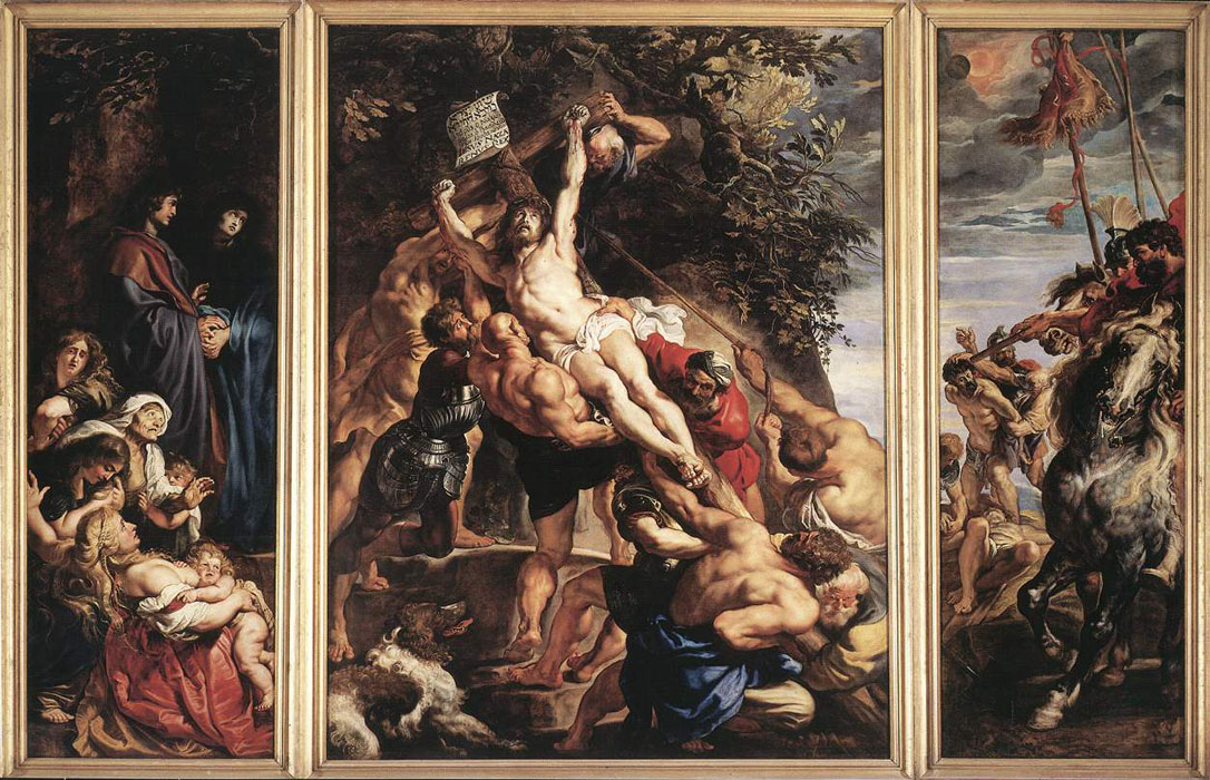 A tryptic of a religious scene raising the cross