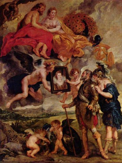 Several people looking at a portrait in a gold frame