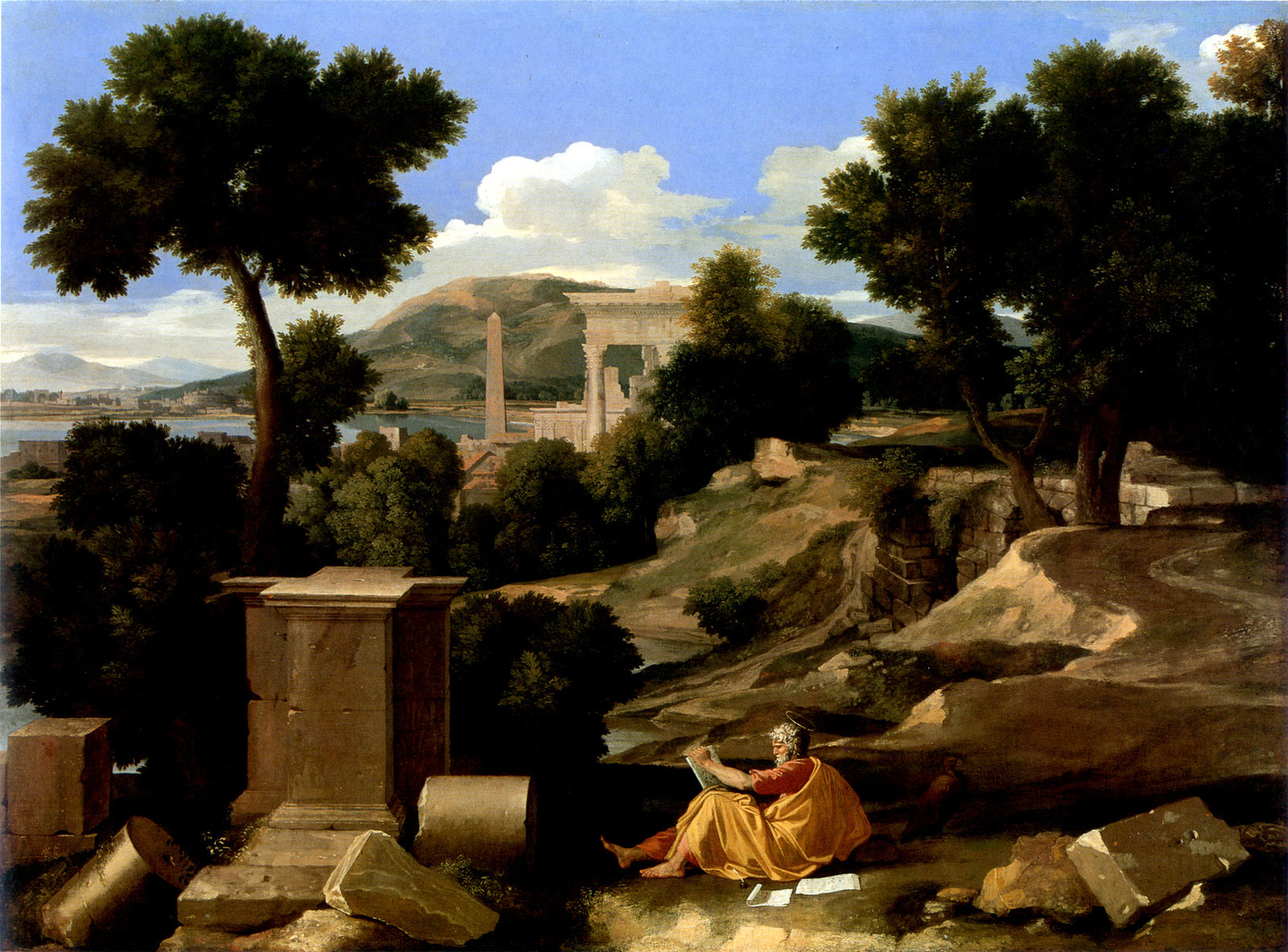 An outdoor scene of Greek ruins with a man sitting on the grass drawing