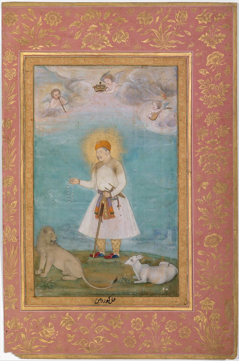 A man standing on the ground with a lion and goat