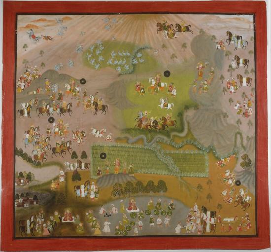 Large outdoor scene with people on horseback