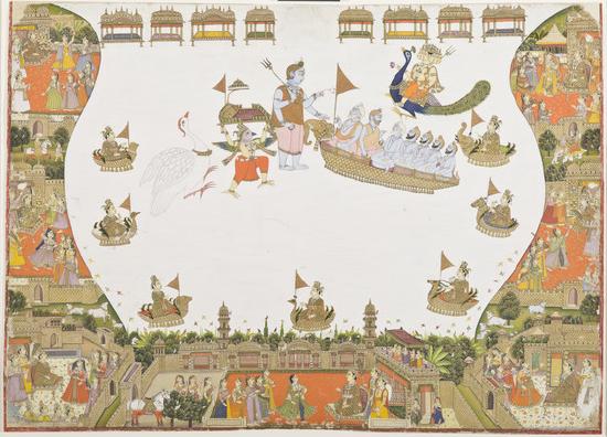 A scene of a city surrounding a bay with boats in it. 