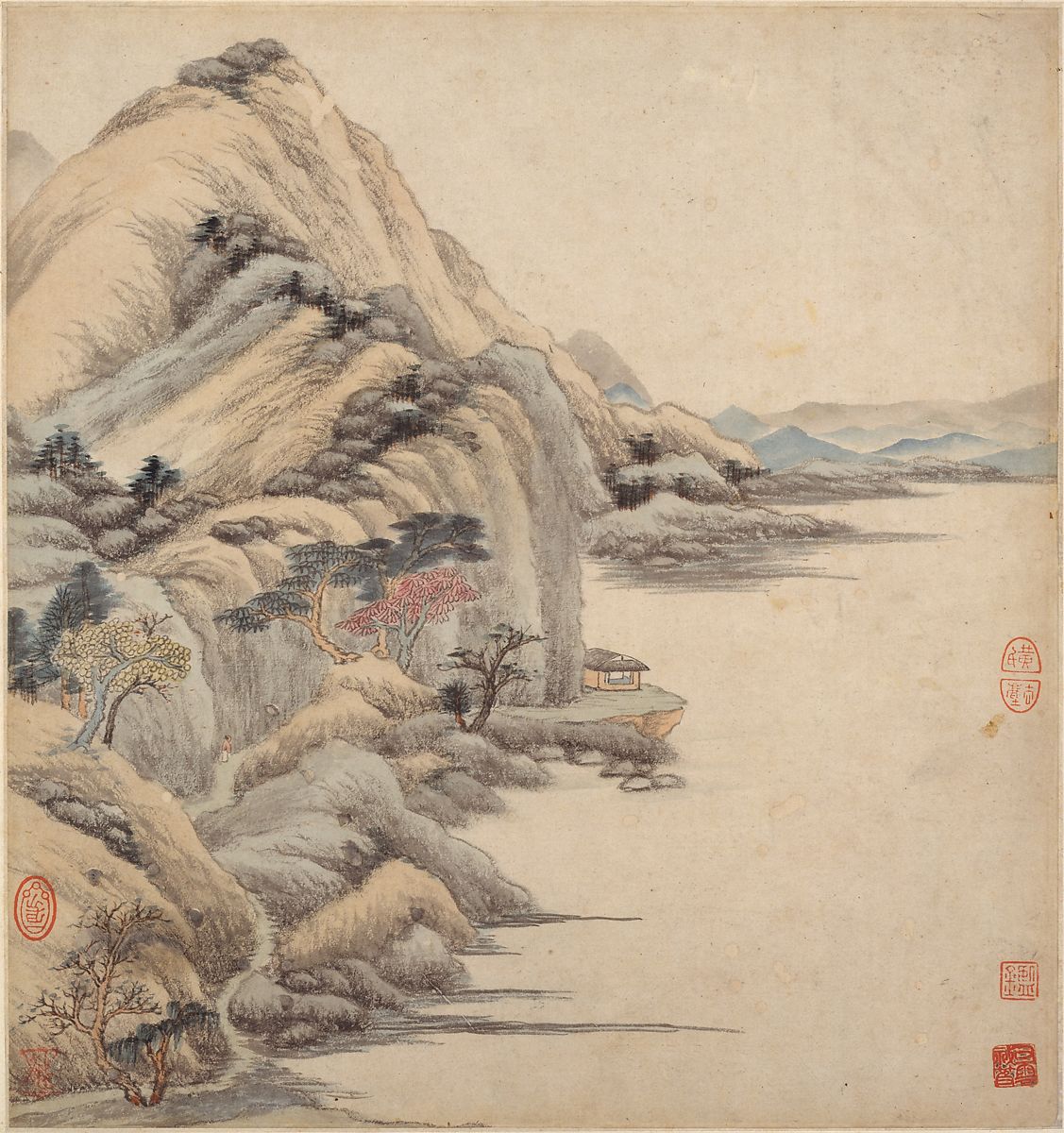 A mountain scene on the sea with a small house