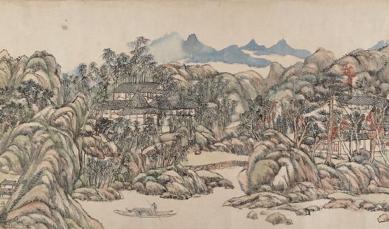 A mountain scene on a bay with boats