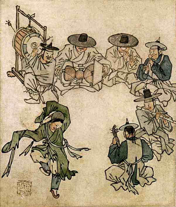 A boy dancing in front or a small band of men playing instruments