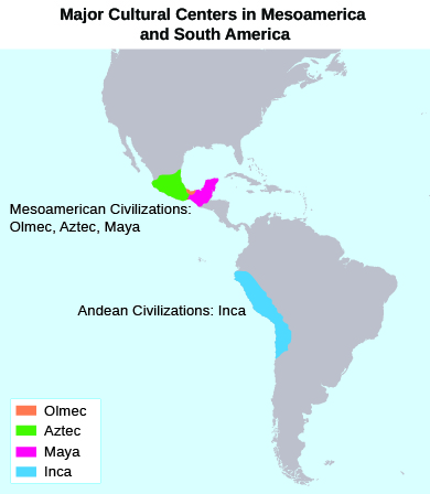تُظهر خريطة مواقع حضارات الأولمك والأزتك والمايا والإنكا، على التوالي، في المكسيك الحالية؛ والمكسيك الحالية؛ والمكسيك الحالية (في شبه جزيرة يوكاتان)، وبليز وهندوراس وغواتيمالا؛ والإكوادور وبيرو وبوليفيا الحالية.