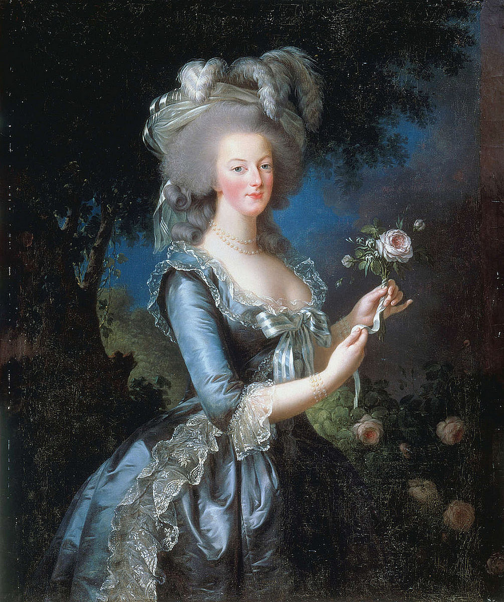 A women with white hair and a hat wearing a blue silk dress 