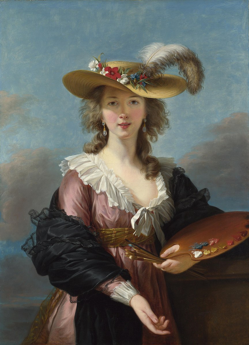 An artist with a hat in a pink dress holding a paint palette 