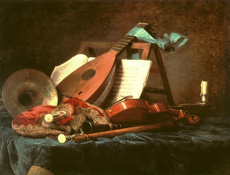 A vignette of musical instruments on a table