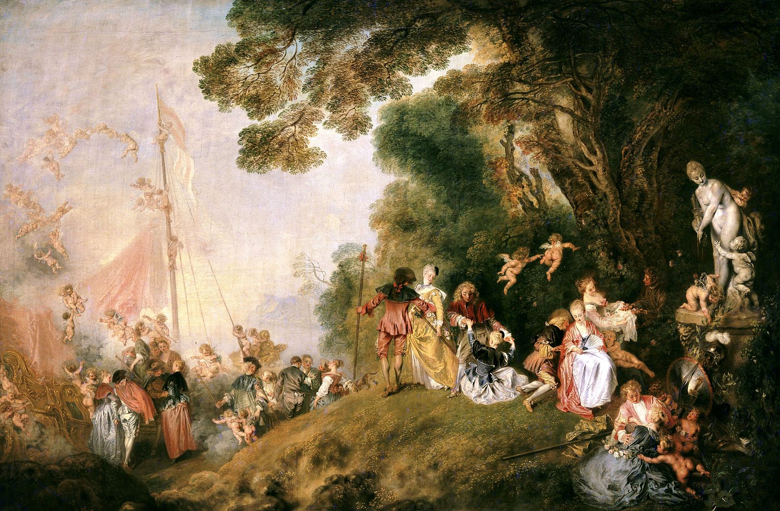 Several people embarking on a ship while others are on the hill surrounding the boat with several putti flying around