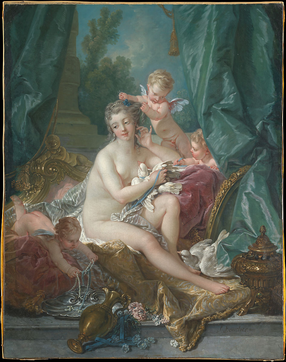 A woman taking care of daily rituals of cleaning with 3 putti