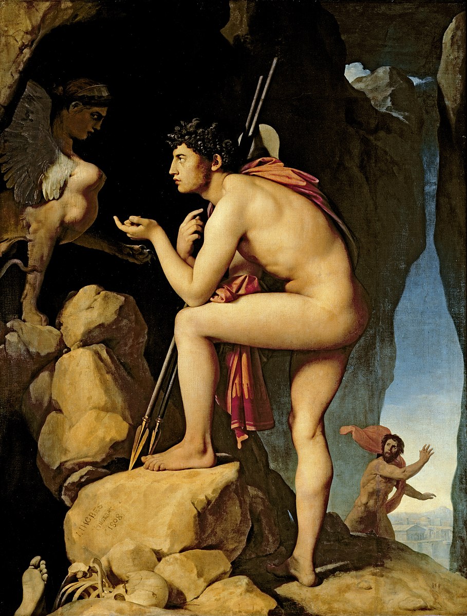 Nude man standing with one leg on rock talking to a winged and four legged woman