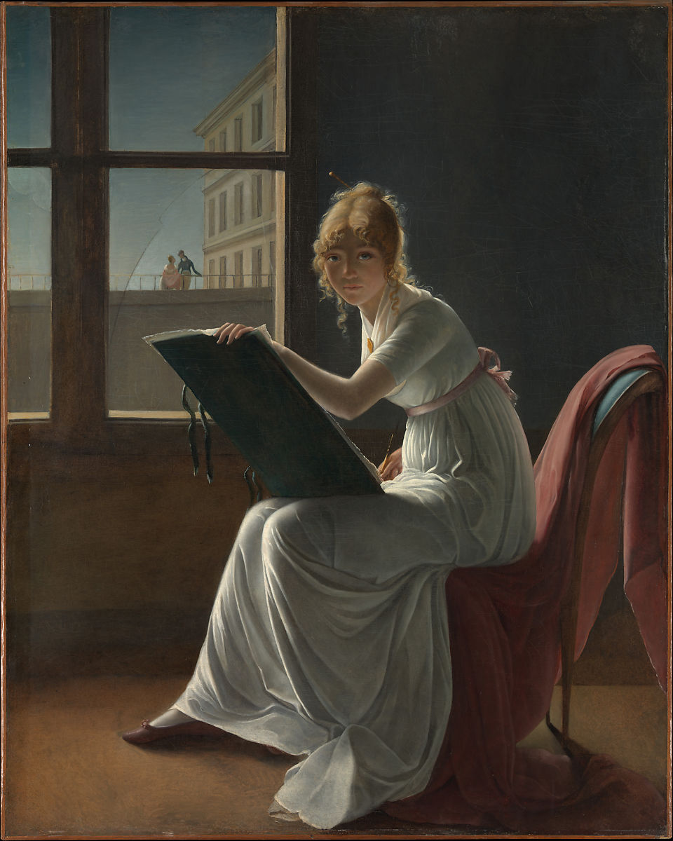 a woman seated on a chair with a drawing pad in her hands