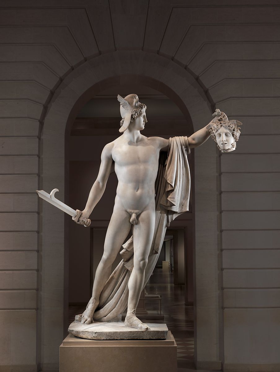 statue of a nude man holding a sword and some ones head