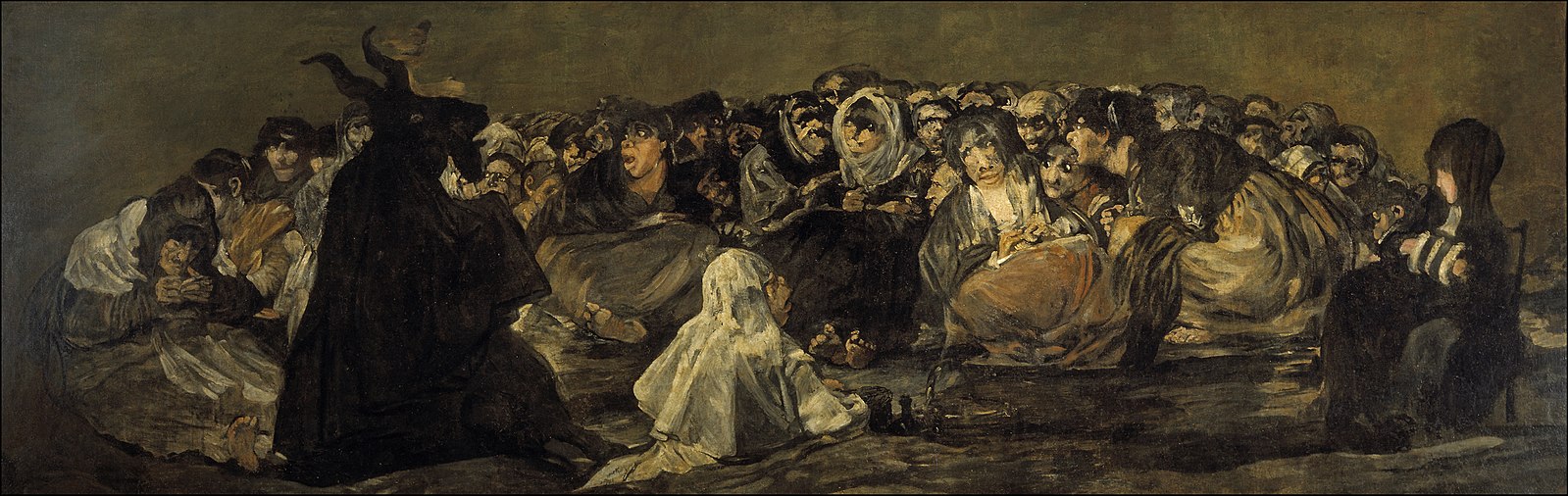 A bunch of people surrounding a dark horned figure drinking a eating