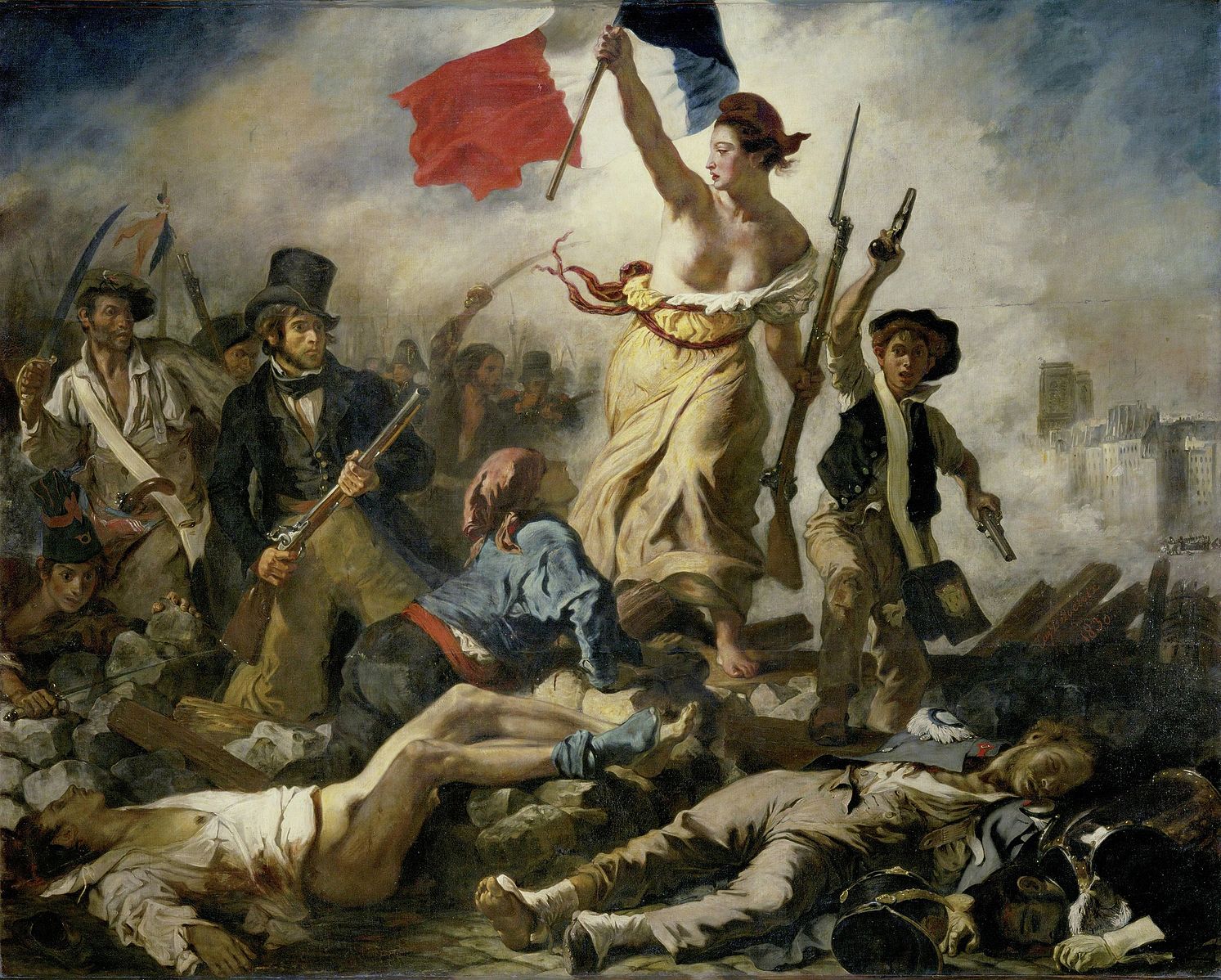 A half nude woman carrying the French flag leads the soldiers to victory